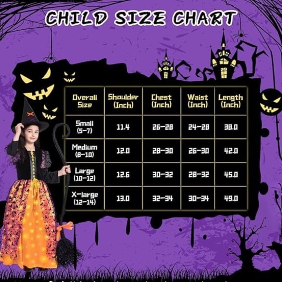 Girls Witch Halloween Costume with Light Up Dress Hat with Broom Size Medium - Picture 12 of 12